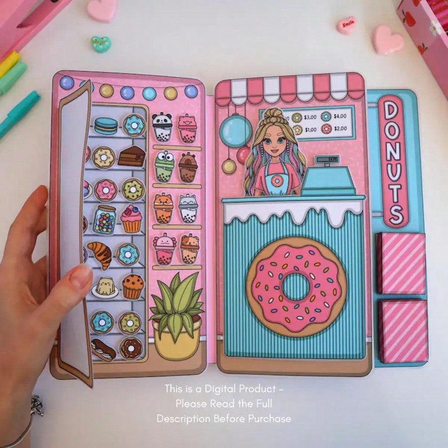 Kids Toys Shop - Donut-Shop Rollenspiel-Set, DIY Papierpuppenhaus Stickerbuch, Kinder
