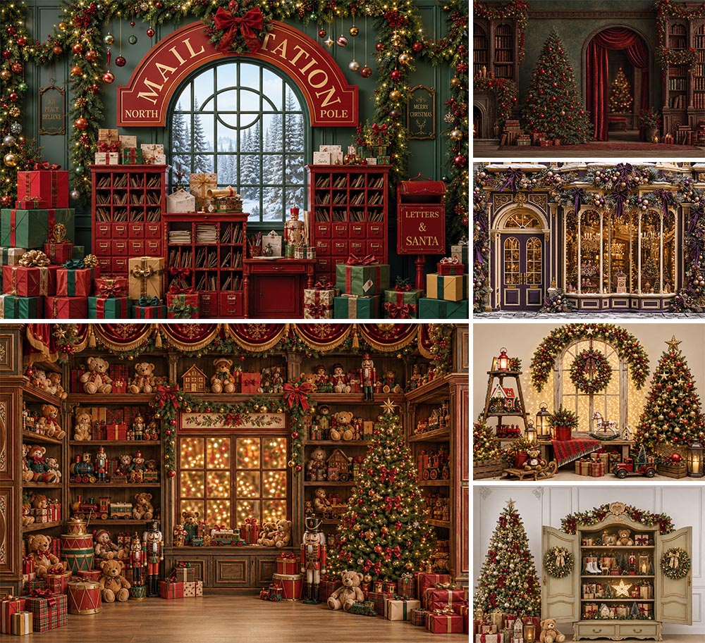 Kids Toys Shop - Fotografie-Hintergrund Nordpol Winter Weihnachten Postamt Spielzeugladen